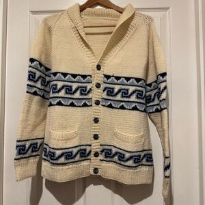 Vintage handmade hand knit cowl cardigan cream blue button up Big Lebowski